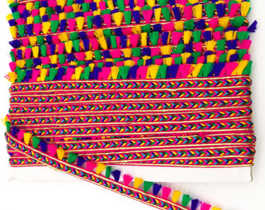 Pink And Multicoloured Braided Fringe Thread Lace Trim, Rainbow Tassels Trim, Fringe Trimming